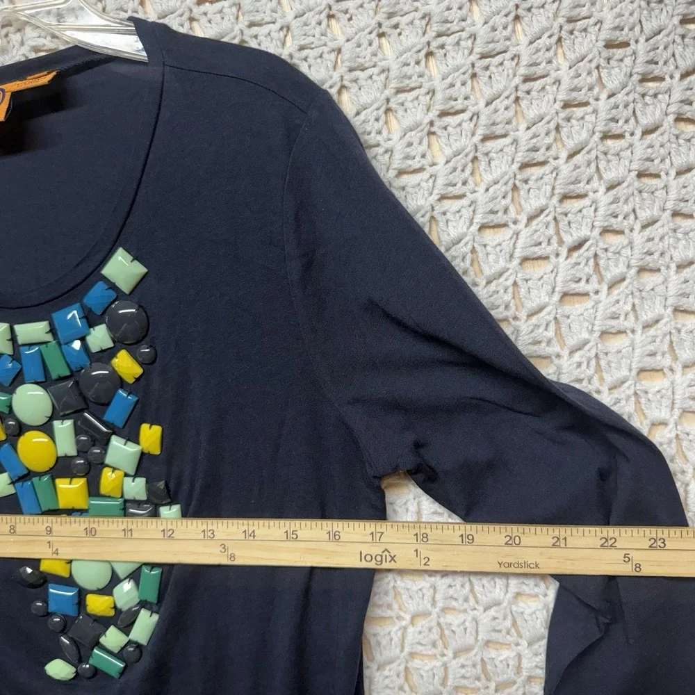 Tory Burch Top Shirt Size M Navy Blue 3/4 Sleeve‎  Bling Cotton Modal  Blouse